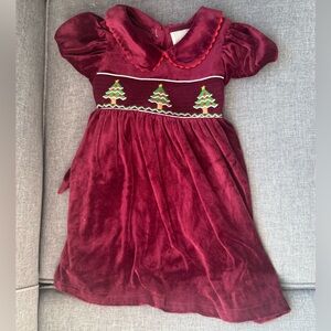 Lil Cactus Maroon Velvet Smocked Christmas Tree Dress-3T